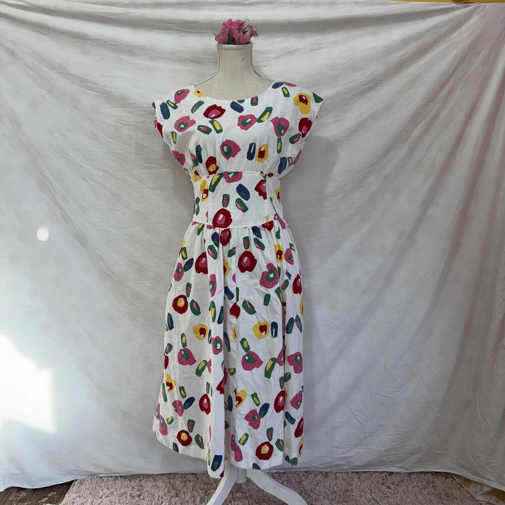 Vintage Lanz 80s cotton fit flare midi dress white with floral print pink green